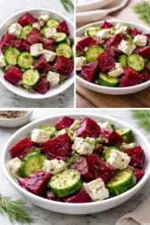Delicious beet feta salad with cucumber and dill served in a bowl.