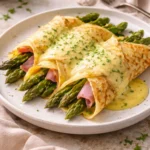 Delicious ham and asparagus crepes served on a plate with herbs.