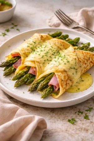 Delicious ham and asparagus crepes served on a plate with herbs.