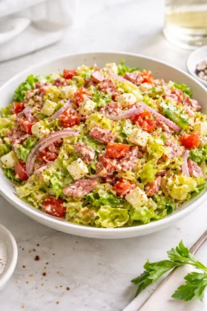 A vibrant Italian Grinder Salad featuring fresh vegetables and meats.