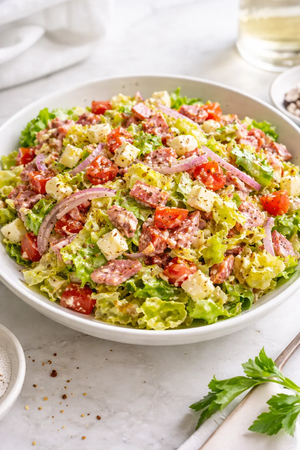 A vibrant Italian Grinder Salad featuring fresh vegetables and meats.