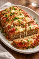 Delicious slice of homemade Italian Meatloaf with herbs and sauce