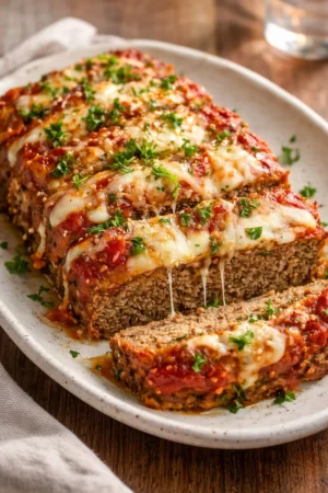Delicious slice of homemade Italian Meatloaf with herbs and sauce