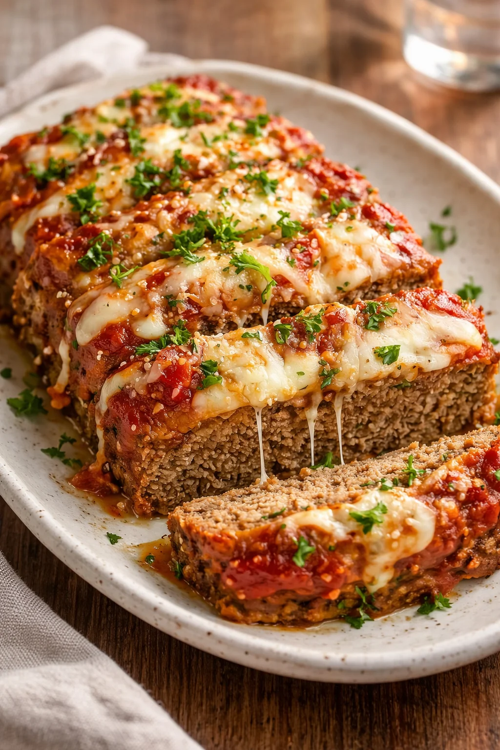Delicious slice of homemade Italian Meatloaf with herbs and sauce