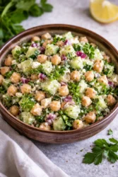 Delicious Lemon Greek Chickpea Salad with fresh veggies and herbs