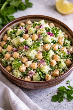 Delicious Lemon Greek Chickpea Salad with fresh veggies and herbs
