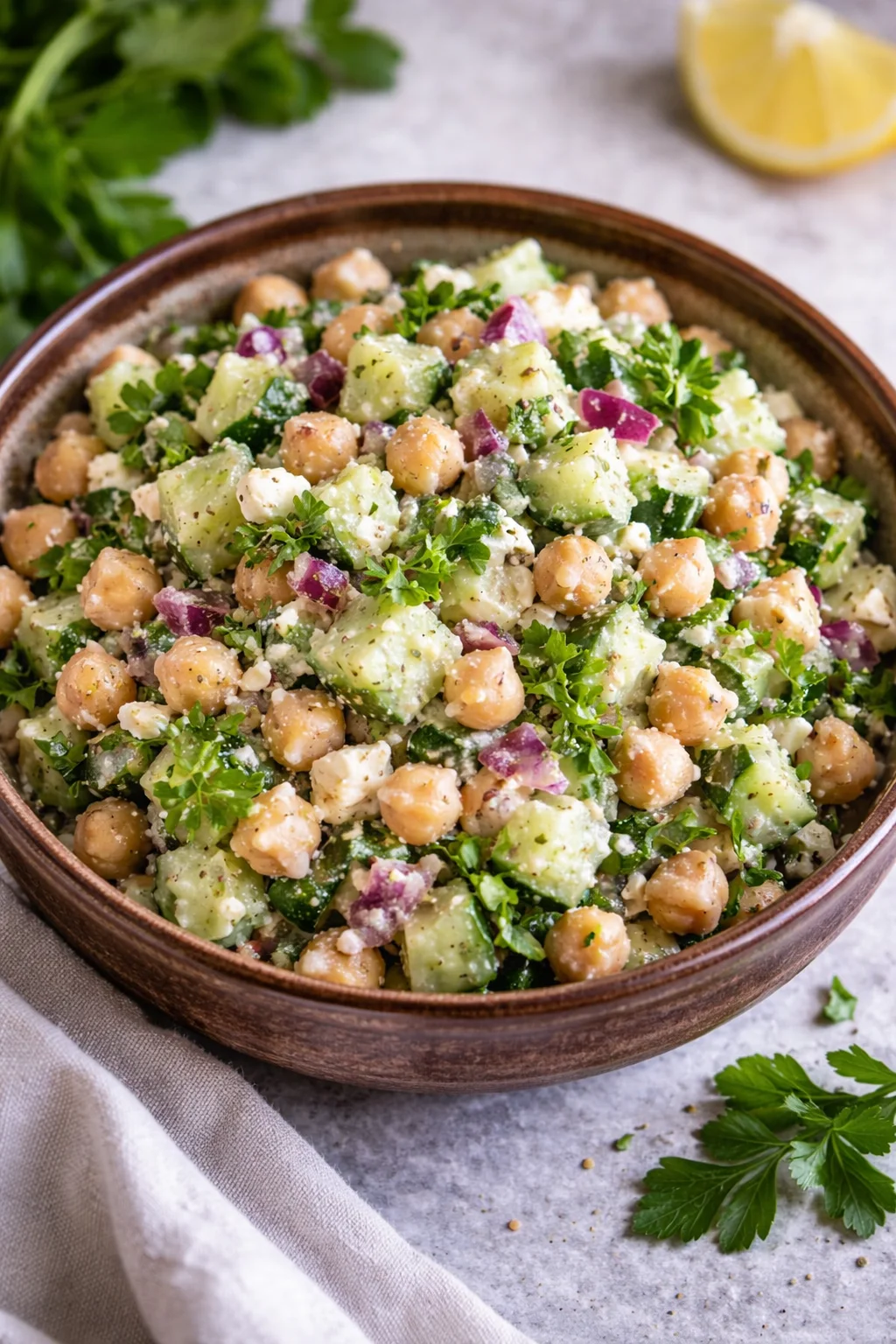 Delicious Lemon Greek Chickpea Salad with fresh veggies and herbs