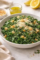 Lemon Parm Kale Salad with fresh ingredients and grated parmesan on a plate