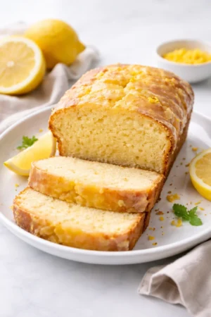 Slice of lemon sourdough discard cake on a plate