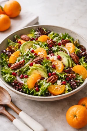 A vibrant bowl of Mandarin Orange Salad with citrus fruit and greens.
