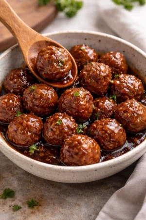 Meatballs with grape jelly and chili sauce served on a platter