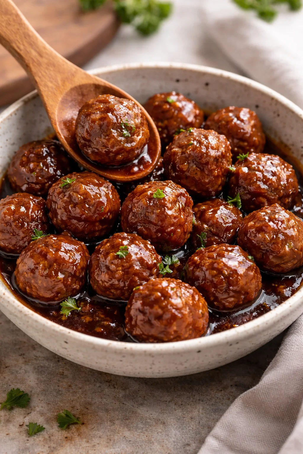 Meatballs with grape jelly and chili sauce served on a platter