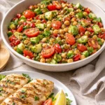Mediterranean Chickpea Salad with grilled fish on a wooden table