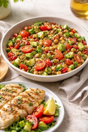 Mediterranean Chickpea Salad with grilled fish on a wooden table