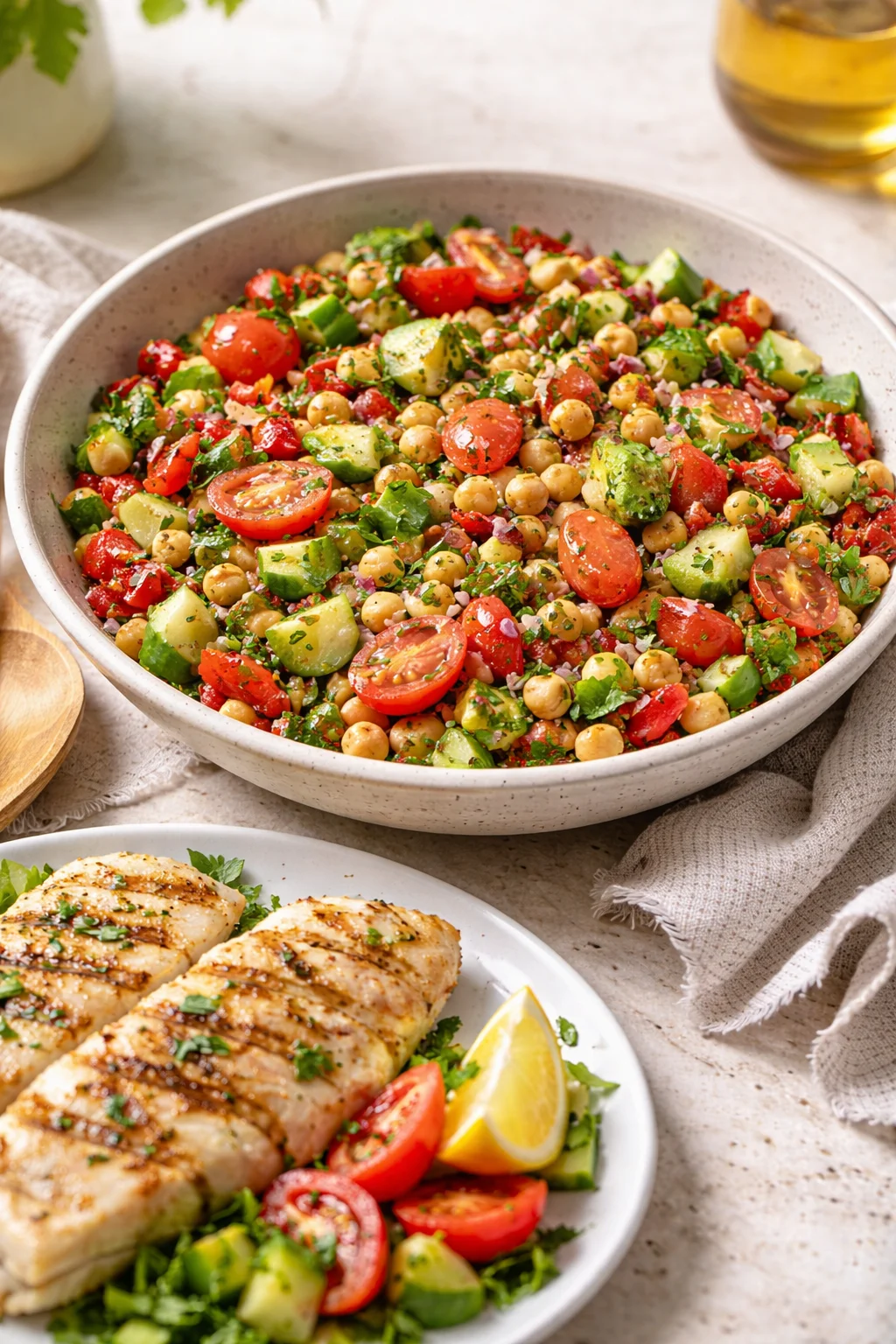Mediterranean Chickpea Salad with grilled fish on a wooden table