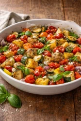 Colorful Mediterranean roasted vegetables on a serving platter.