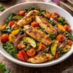 Colorful Mediterranean stir fry with fresh vegetables and spices in a skillet.