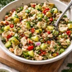 Mediterranean Tuna Salad with fresh vegetables and olives in a bowl