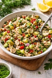 Mediterranean Tuna Salad with fresh vegetables and olives in a bowl