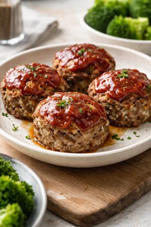 Delicious mini meatloaf served with mashed potatoes and a side of vegetables.