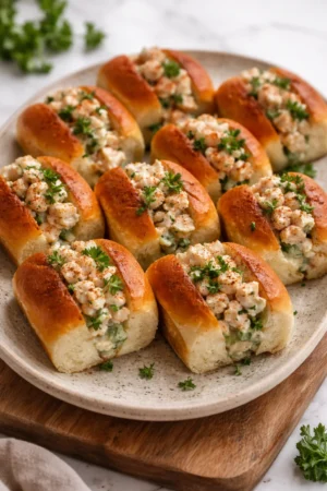 Mini shrimp rolls served on a platter, garnished with herbs.