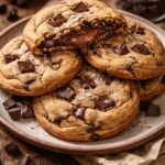 Nutella-stuffed chocolate chip cookies on a plate