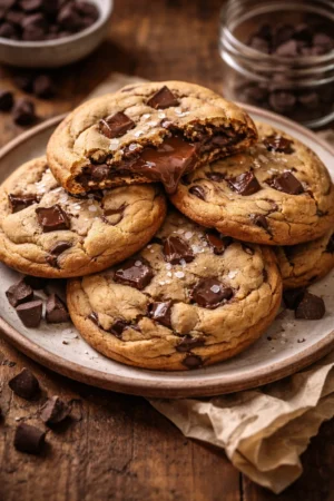 Nutella-stuffed chocolate chip cookies on a plate