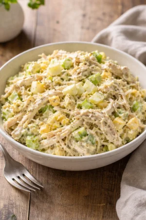 Delicious bowl of old fashioned chicken salad with fresh ingredients