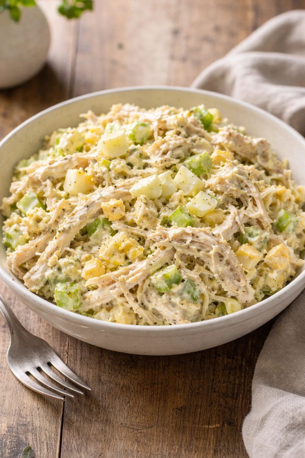 Delicious bowl of old fashioned chicken salad with fresh ingredients