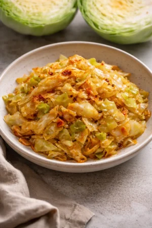 Delicious Paprika Sautéed Cabbage on a plate, garnished and ready to serve.