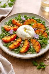 Delicious Peach Burrata Salad with fresh peaches and creamy burrata cheese