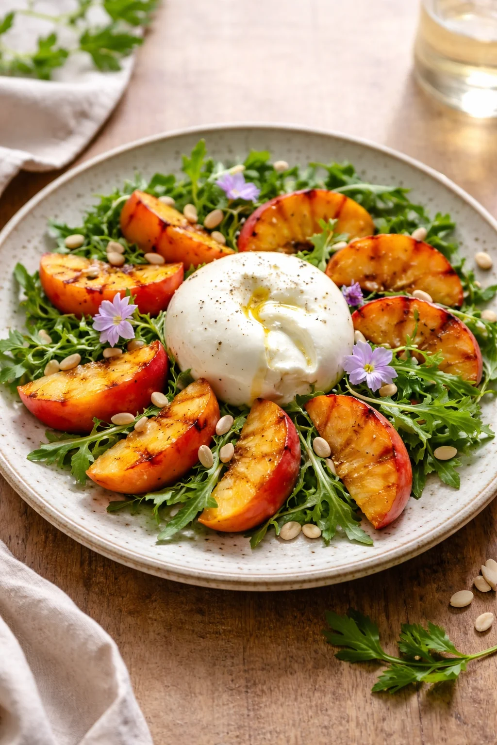 Delicious Peach Burrata Salad with fresh peaches and creamy burrata cheese