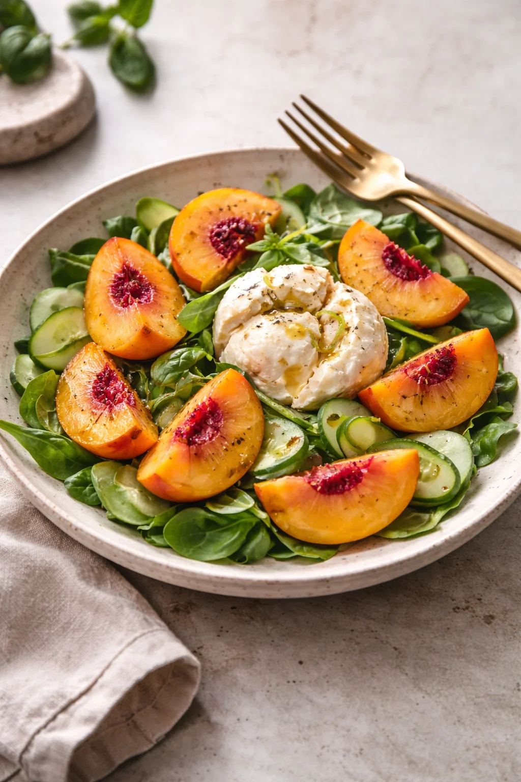 Peach Caprese Salad with burrata, showcasing vibrant peaches and creamy cheese.