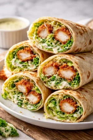 Delicious Chicken Caesar Wrap with grilled chicken, romaine lettuce, and Caesar dressing