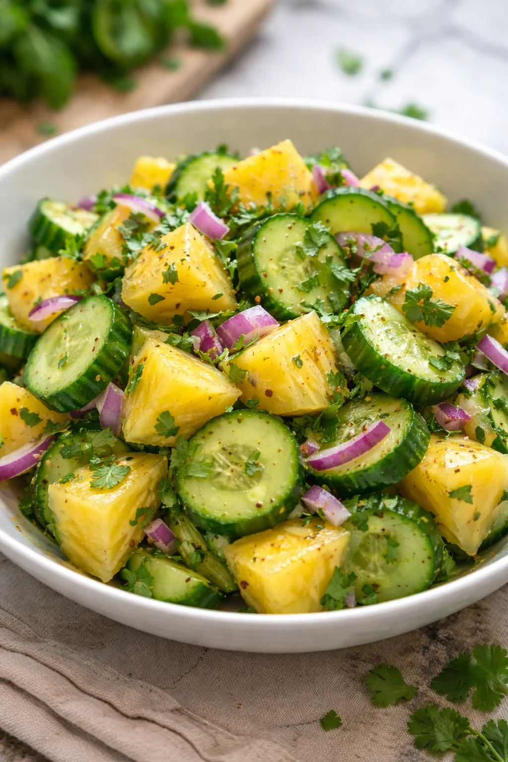 Pineapple Cucumber Salad with fresh pineapples and cucumbers in a bowl