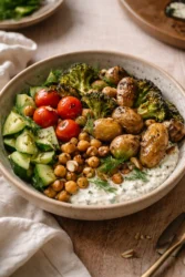 Colorful plant-based Mediterranean bowls with fresh vegetables and grains