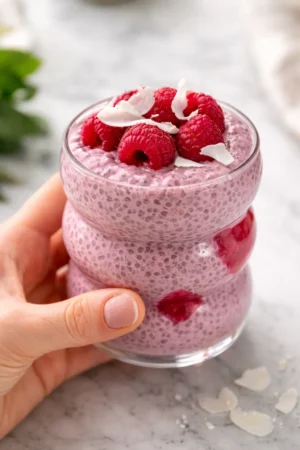 Delicious raspberry chia pudding in a clear glass bowl topped with fresh raspberries