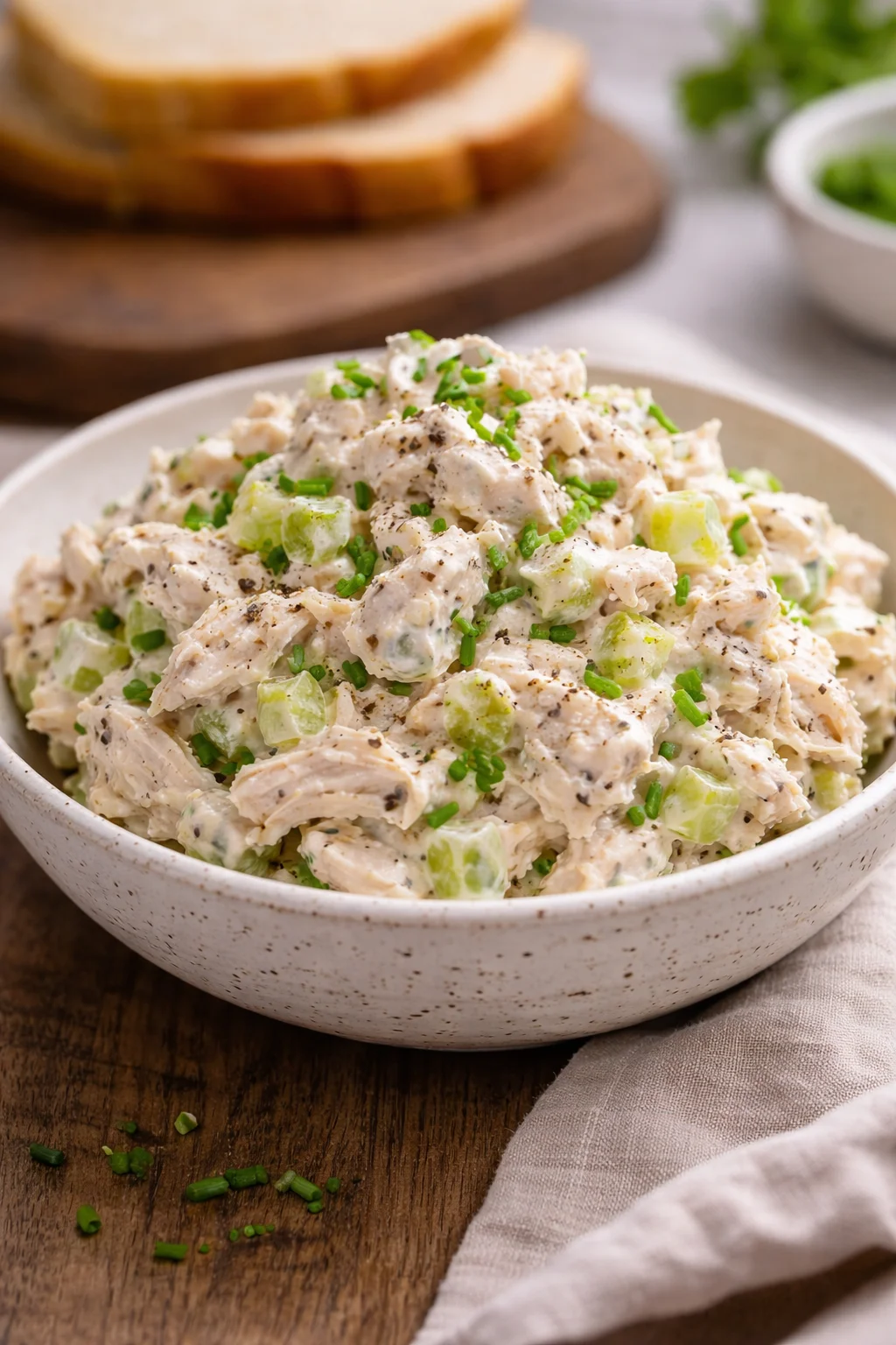 Bowl of simple chicken salad with fresh vegetables and dressing
