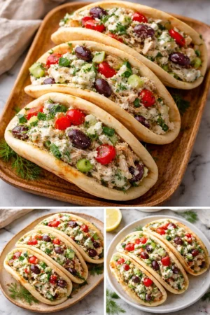 Simple tzatziki chicken salad with rotisserie chicken and fresh vegetables.