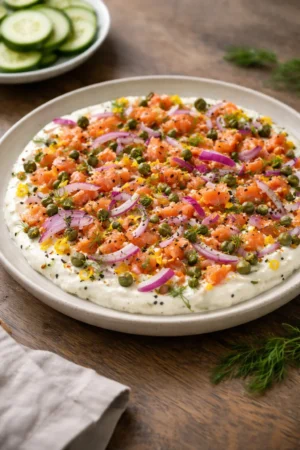 Creamy smoked salmon dip served on a bagel slice with fresh herbs