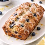 Sourdough Blueberry Lemon Quick Bread loaf freshly baked on a kitchen counter.
