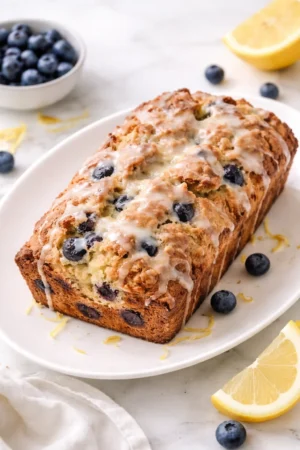 Sourdough Blueberry Lemon Quick Bread loaf freshly baked on a kitchen counter.