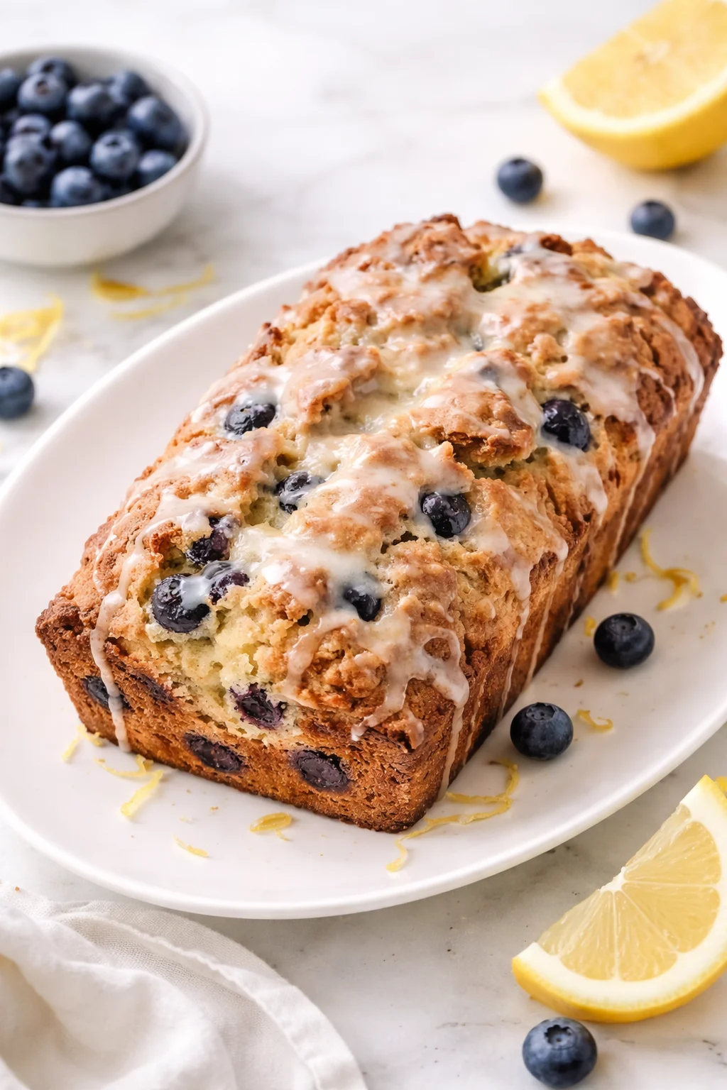Sourdough Blueberry Lemon Quick Bread loaf freshly baked on a kitchen counter.