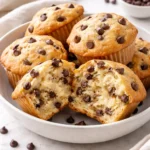 Freshly baked sourdough chocolate chip muffins on a wooden table