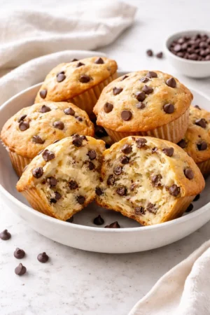 Freshly baked sourdough chocolate chip muffins on a wooden table