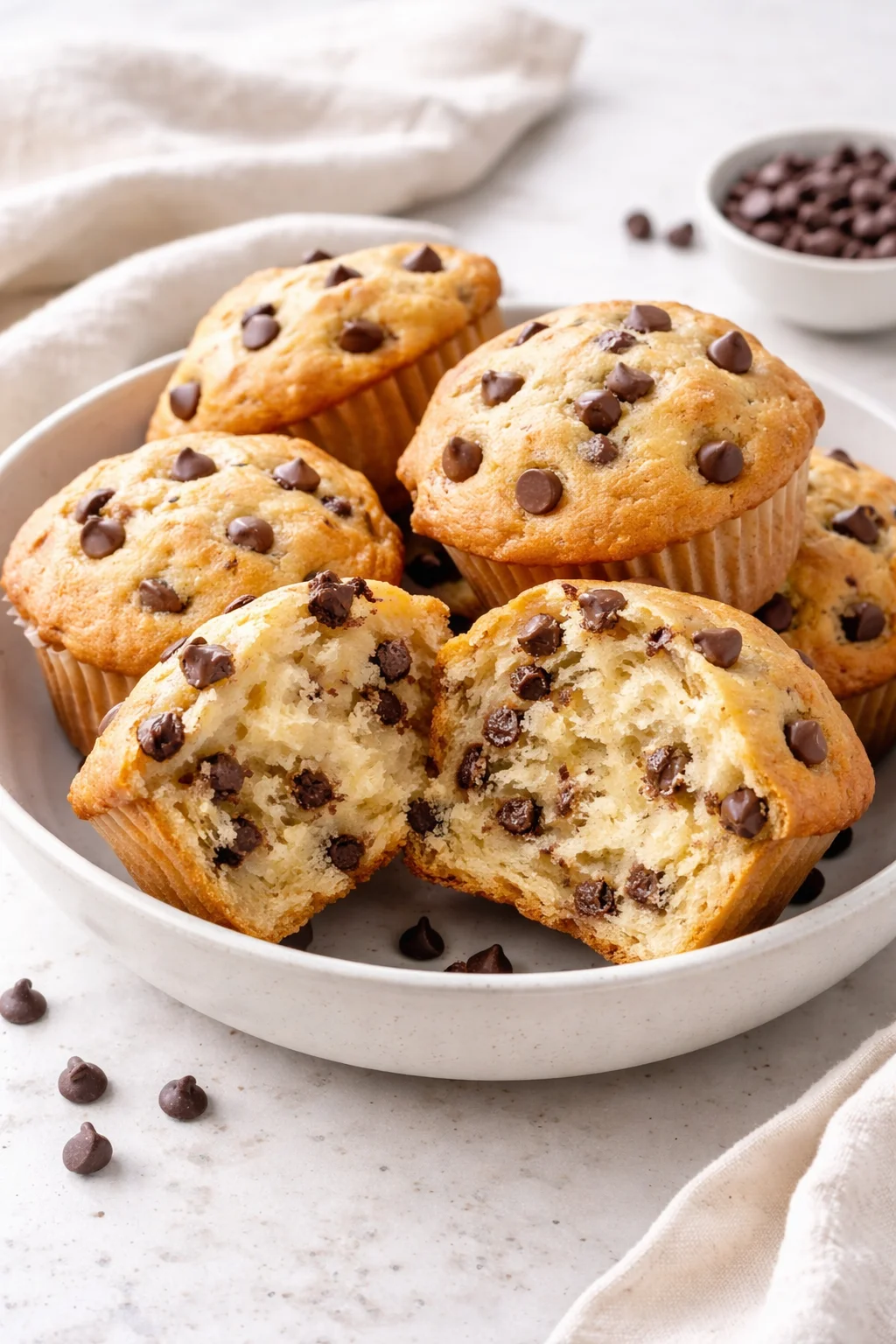 Freshly baked sourdough chocolate chip muffins on a wooden table