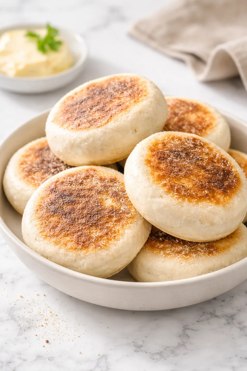 Freshly baked sourdough English muffins on a wooden cutting board.