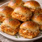 Spicy buffalo chicken sliders served on a platter with dipping sauce