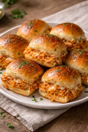 Spicy buffalo chicken sliders served on a platter with dipping sauce