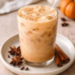 Homemade iced pumpkin cream chai tea latte in a glass with a sprinkle of cinnamon
